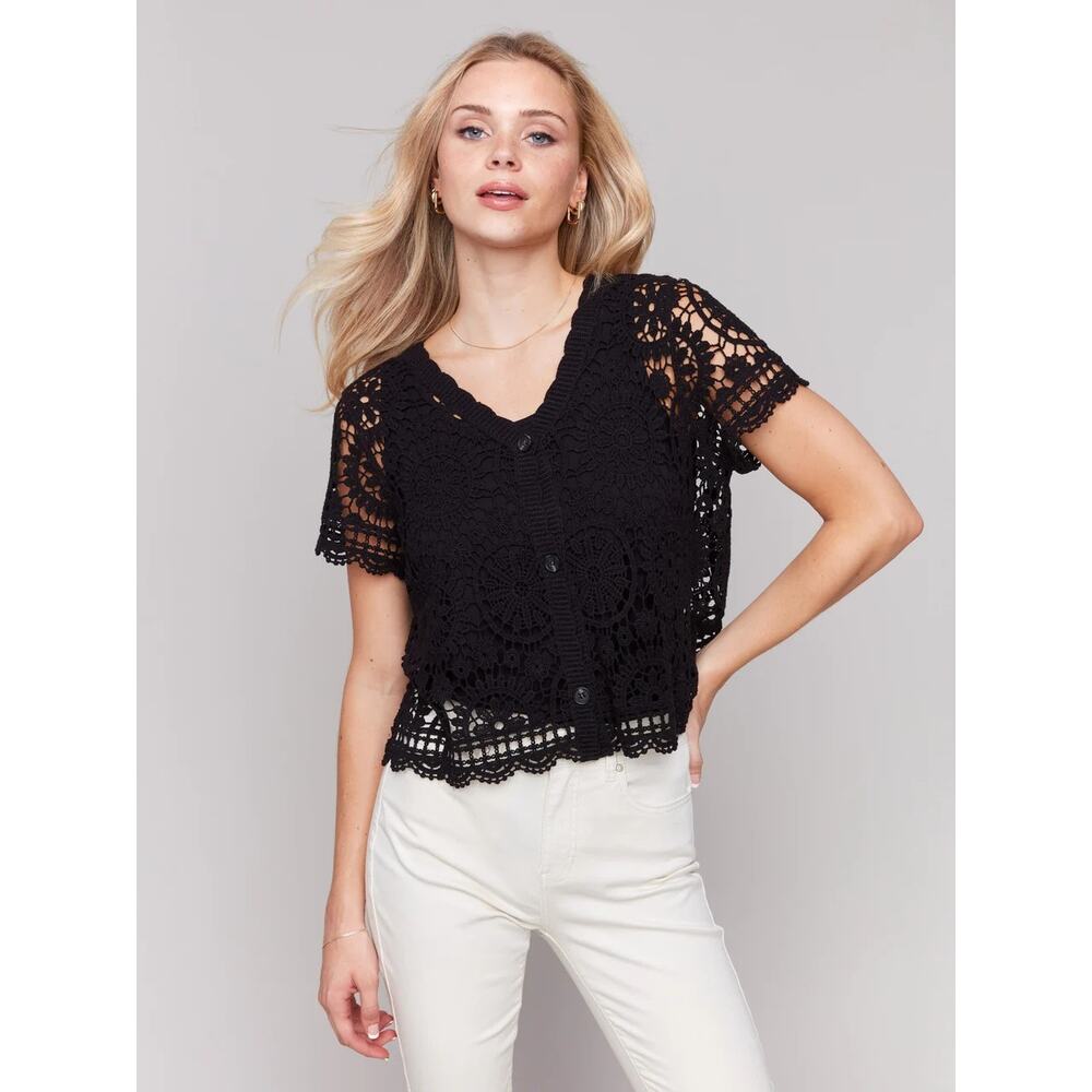 New Charli B | M | Short Sleeve Crochet Bolero Cardigan Open Knit Blouse Top NWT